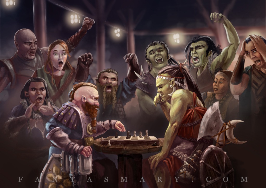 A dwarf and an orc playing chess.