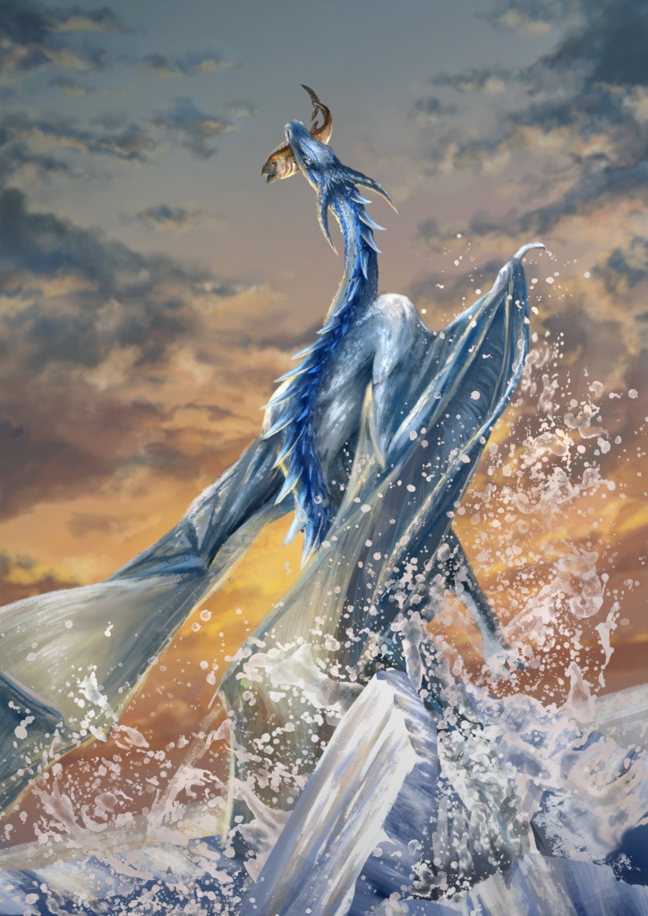 A dragon emerging from an iced sea.